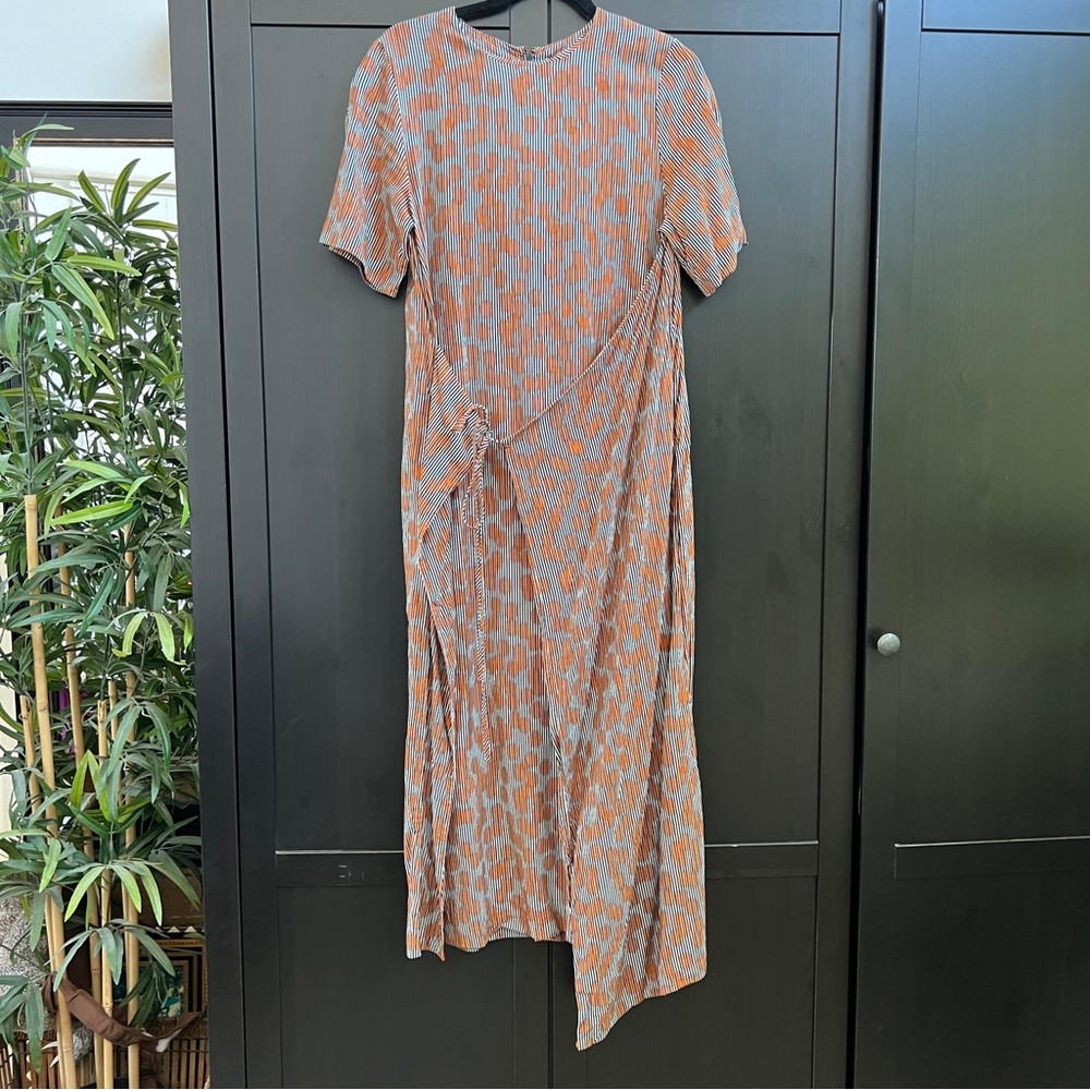 COS Orange and Gray Cotton Tie Waist Midi Dress Size Small